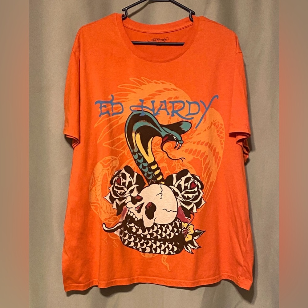 Ed Hardy Rose Cobra Orange Don• Ed Hardy Designs Graphic Tee Shirt XXL